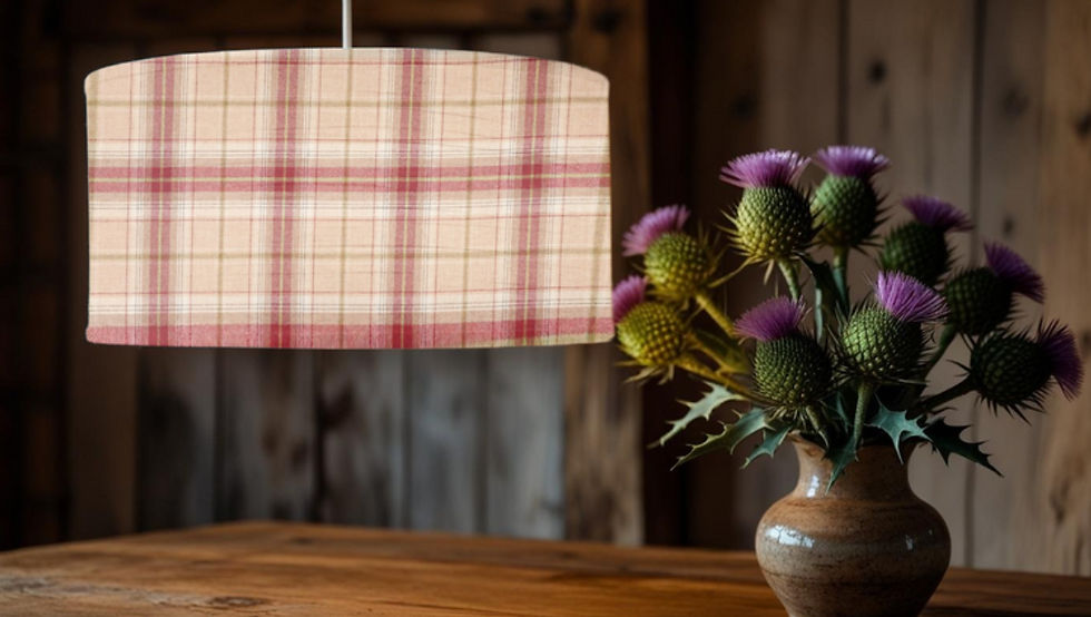 Thumbnail: balmoral highland wool in raspberry ceiling lampshade with purple Scottish thistle in vase