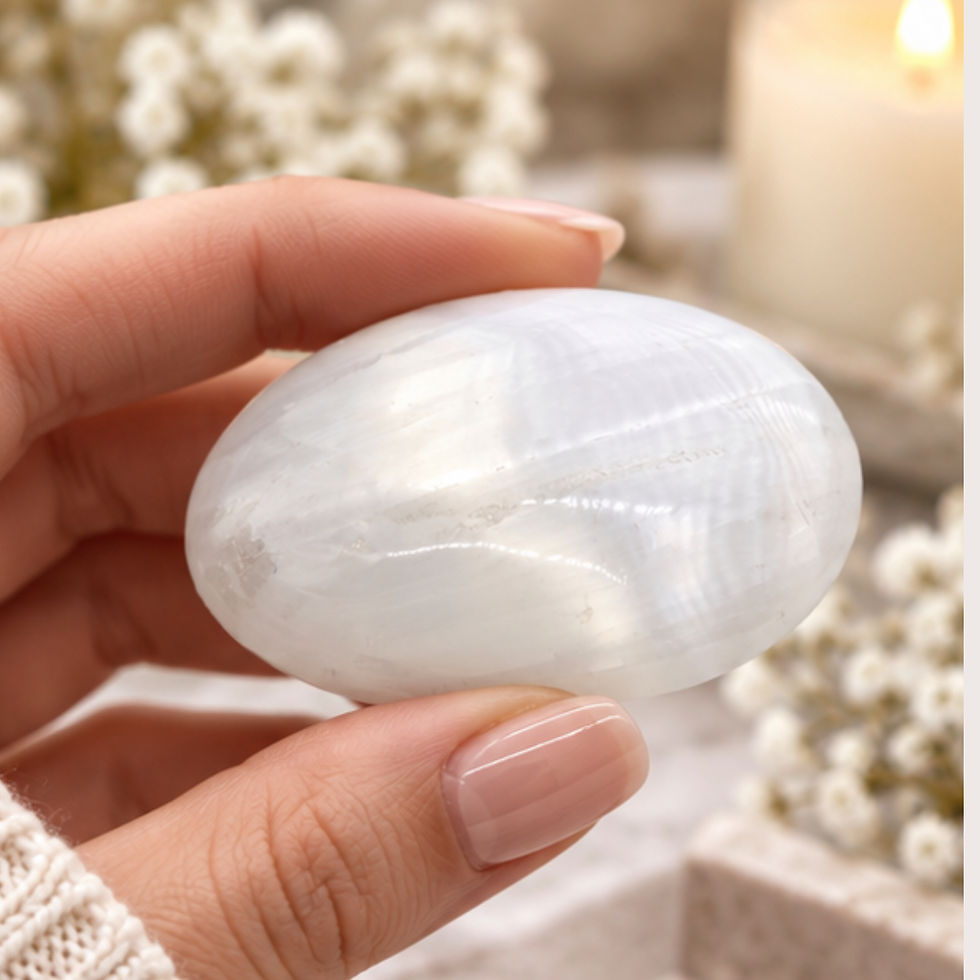 Thumbnail: Natural white selenite palm stone approx. 6.5 cm held up against a soft background
