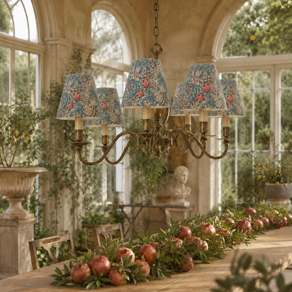 Thumbnail: Chandelier with william morris golden lily tourmaline candle clip lampshades above a table with oranges