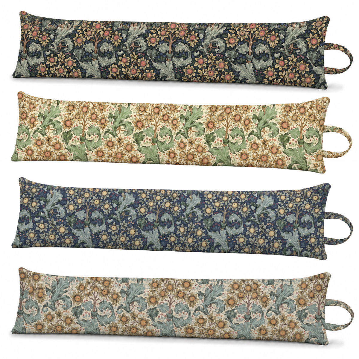 selection of William morris orchid door draught excluder colourway/design bluebell, tourmaline, buttercup, nightshade