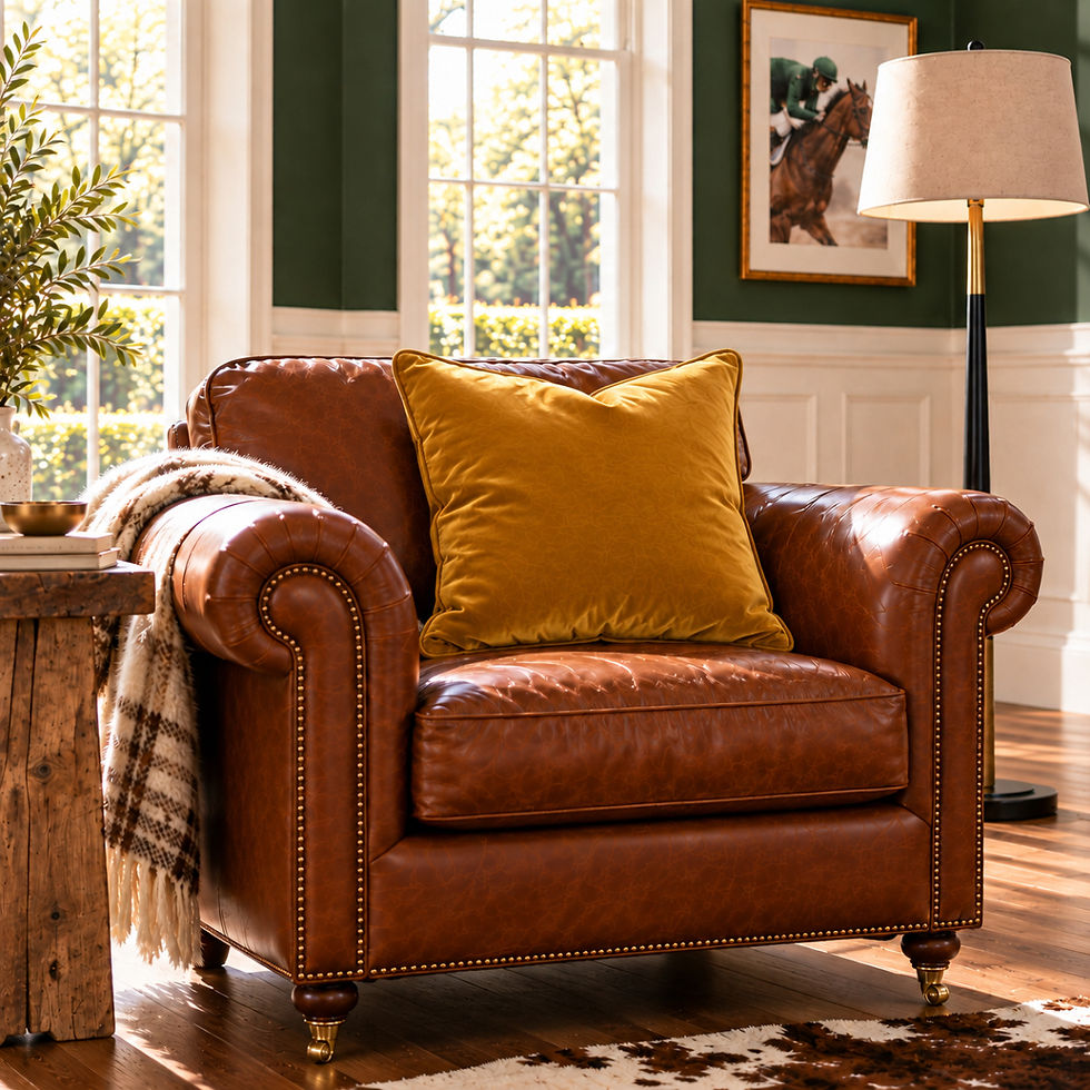 Antique Gold 18 inch piped velvet scatter cushion styled on a heritage leather armchair in the Berry & Grouse Tack Room