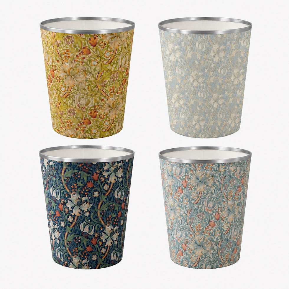 William Morris Golden Lily Waste paper bins - cornsilk, pool, jewel, tourmaline with silver trim