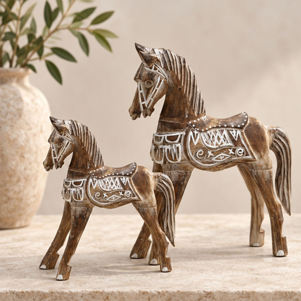 Large and small carved wooden horse ornaments with white hand-painted detailing styled together in neutral heritage interior