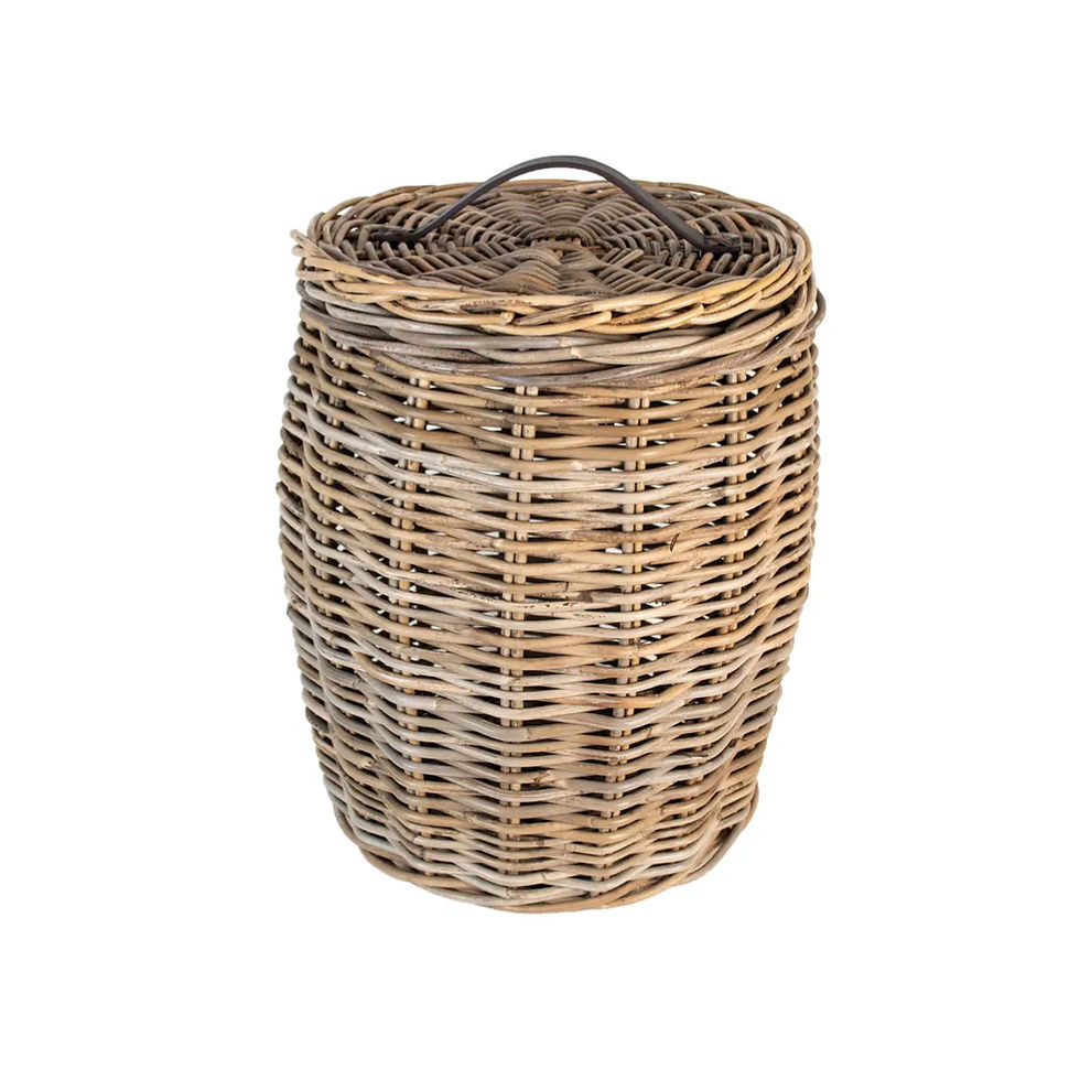 Large lidded wicker laundry baskets with leather handle