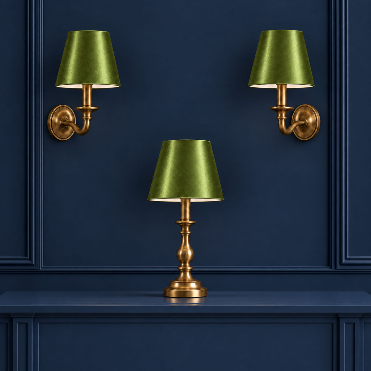 Candle clip set: Olive Green silky satin candle clip lampshades on classic brass wall and table lights.