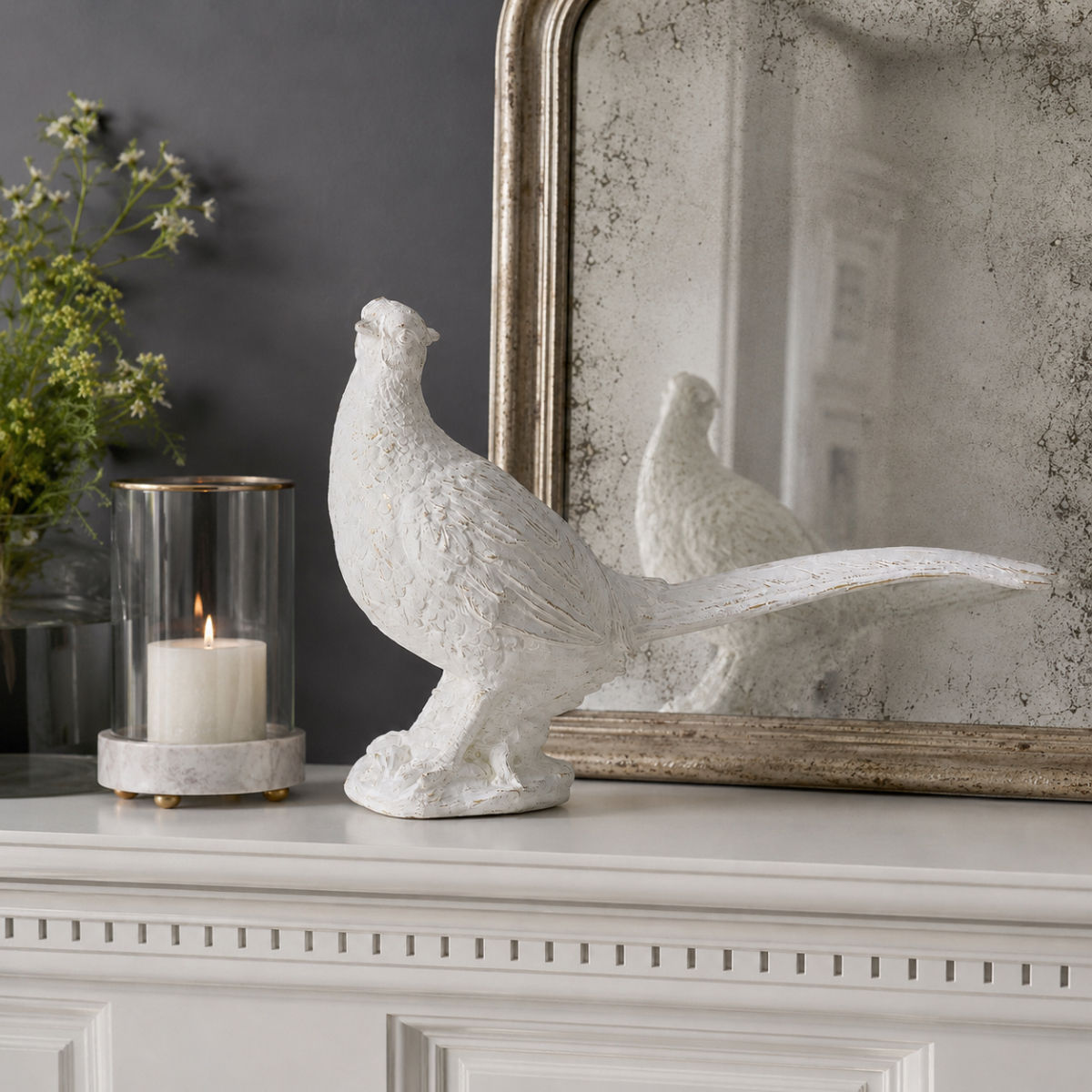 The Country House Pheasant in Chalk White — Watchful, a detailed decorative pheasant sculpture with an alert stance.
