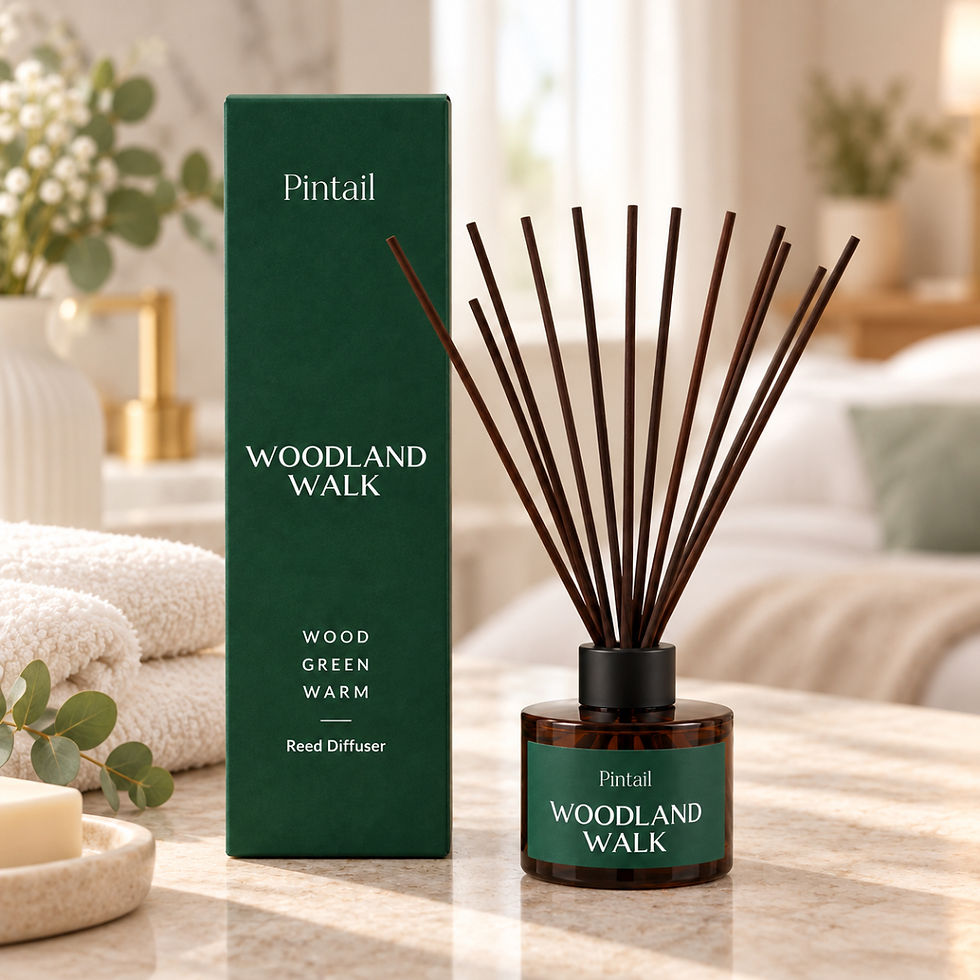 Pintail Woodland Walk scented reed diffuser in a heritage country living room with natural wood and greenery