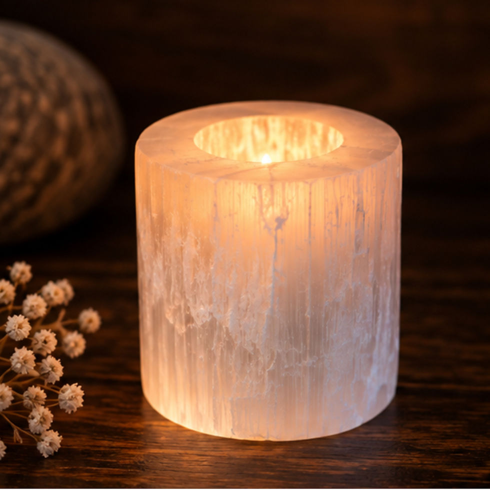 Natural white selenite cylinder candle holder 8 cm with lit tea light candle showing warm glow