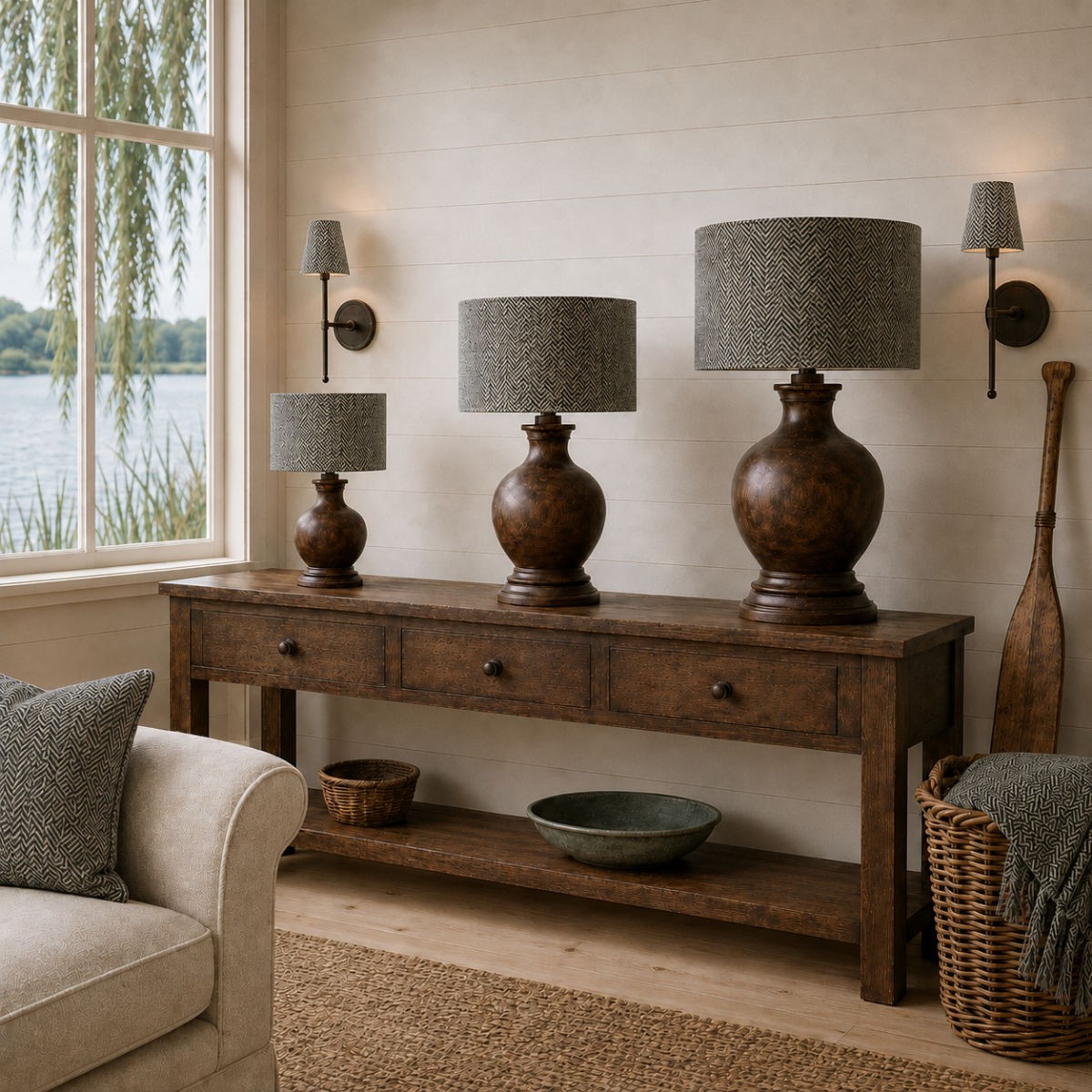 Abraham Moon Steel blue herringbone lampshade candle clip wall sconces and 20cm 30cm and 40cm drum lampshade
