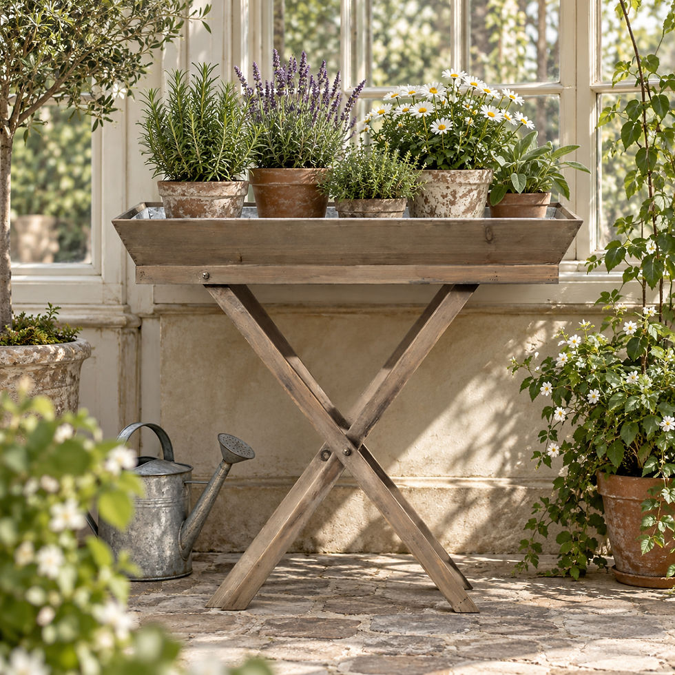 Thumbnail: Country garden potting bench styled with terracotta pots, lavender and rosemary