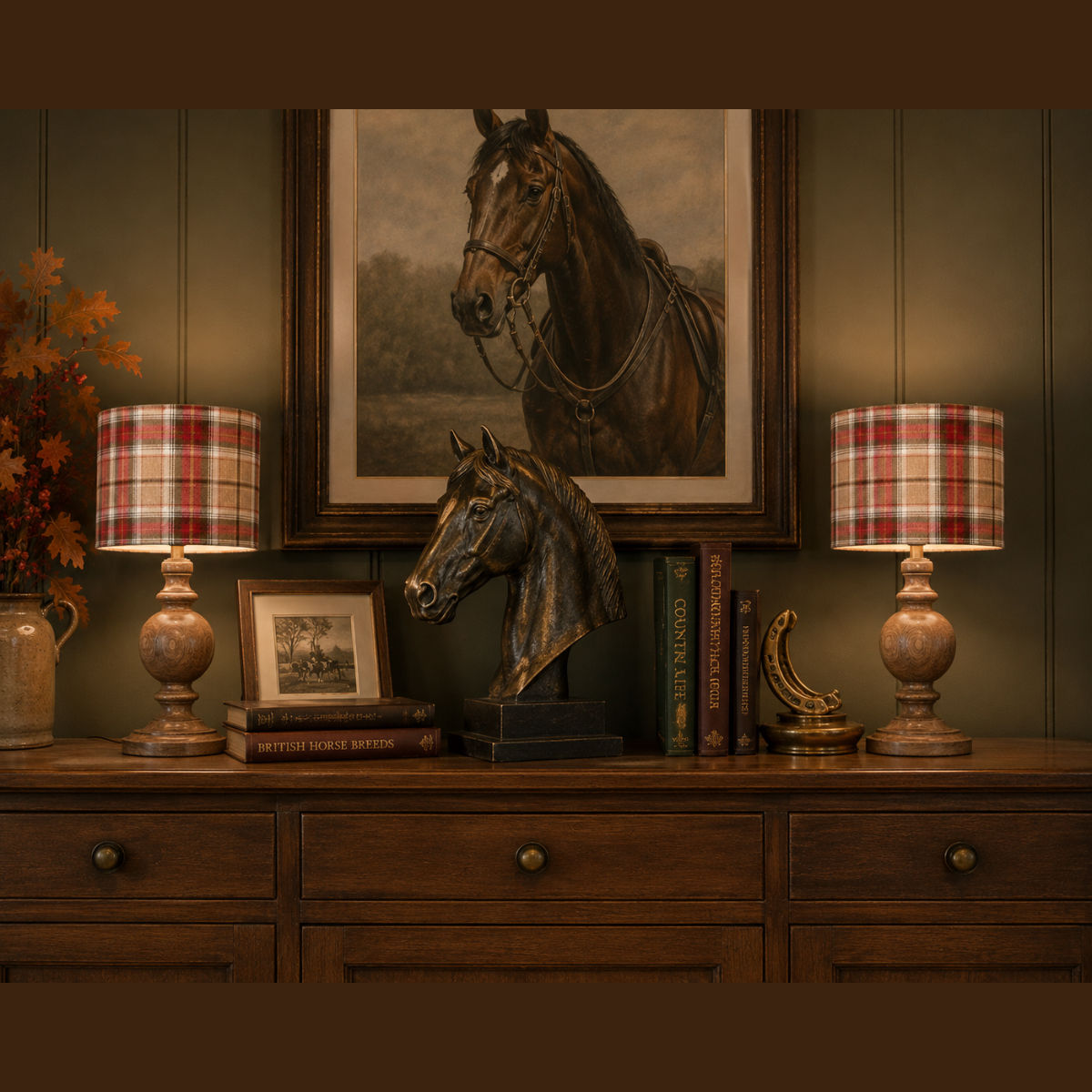 Balmoral Clementine 20cm diameter × 18cm high pure wool drum lampshade on a Vintage Gold frame.