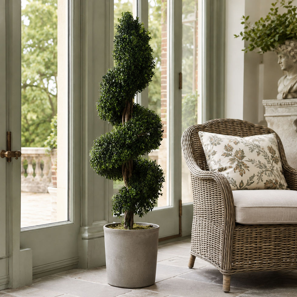 Thumbnail: Single artificial spiral buxus in a decorative planter beside a sheltered front door.