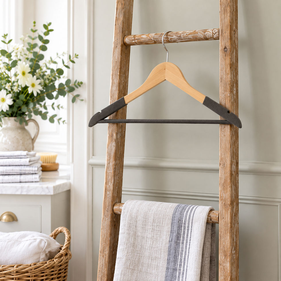 Wooden non-slip clothes hanger with white linen shirt hanging inside a bright country house linen cupboard