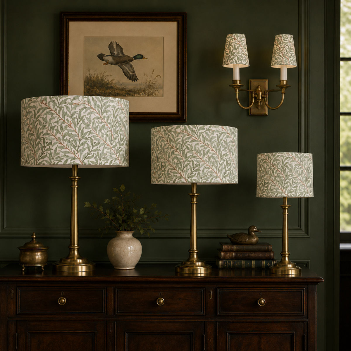 William Morris Willow Bough light sage lampshades 40cm, 30cm and 20cm diameter drums and candle clip wall sconces