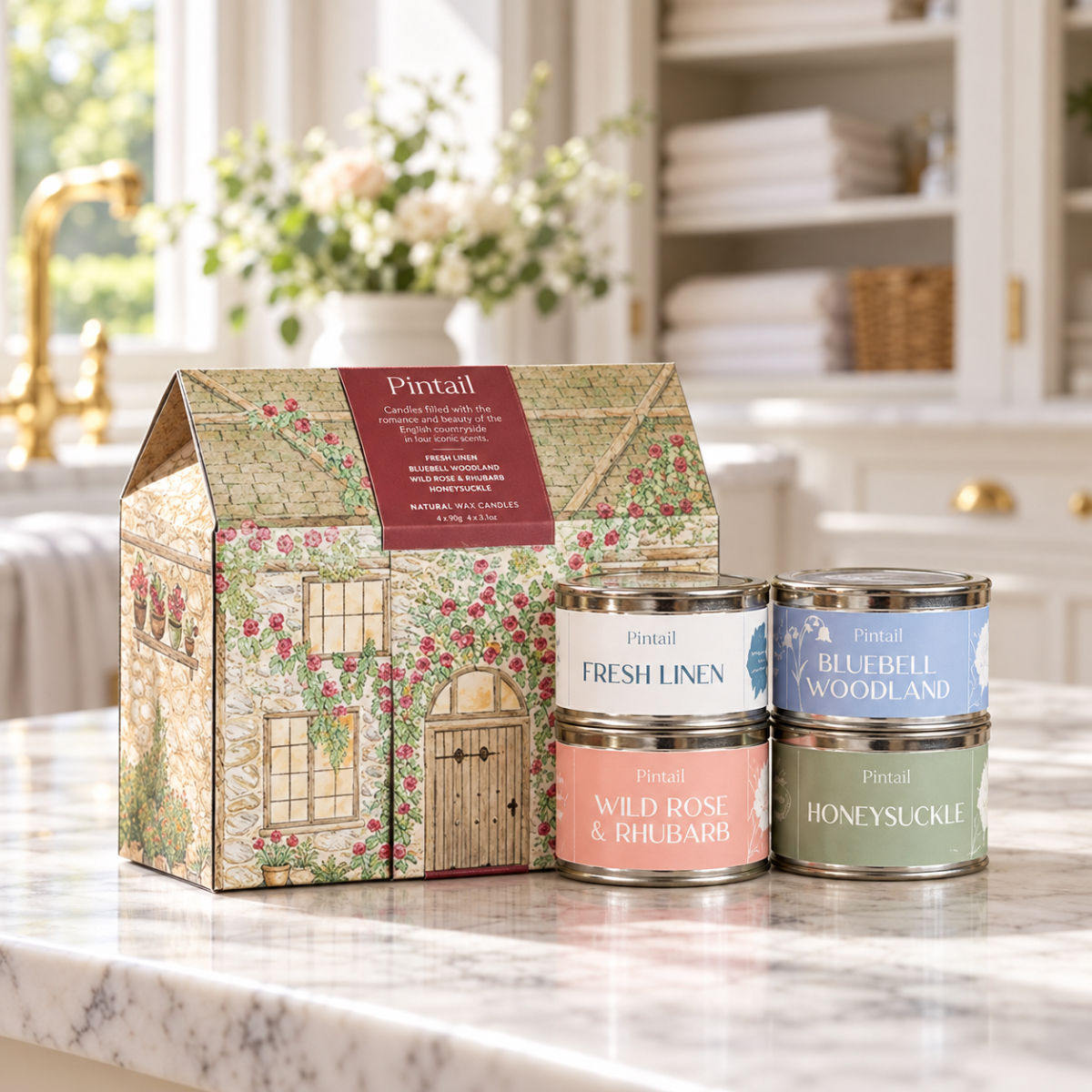 Pintail scented candle gift set with four petite paint pot candles in Fresh Linen, Bluebell Woodland, Wild Rose & Rhubarb and