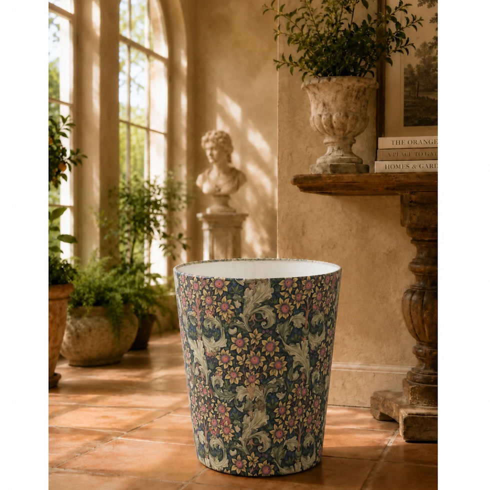william morris orchid nightshade waste paper bin set within the orangery