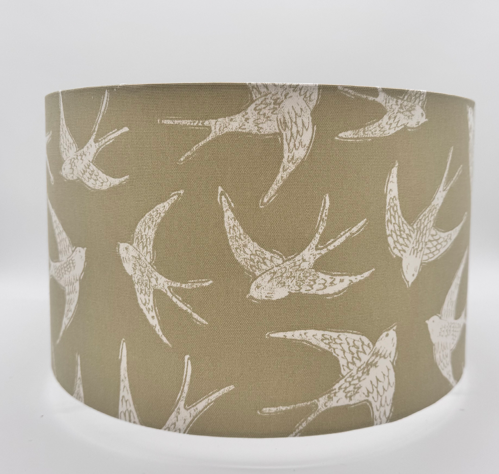 Thumbnail: 40cm diameter drum lampshade featuring Clarke & Clarke Fly Away fabric with swallows