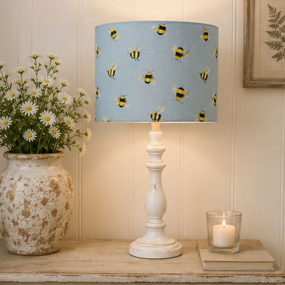 Handmade Bees Duck Egg lampshade featuring bumblebee print fabric on a duck egg blue background for country house interiors