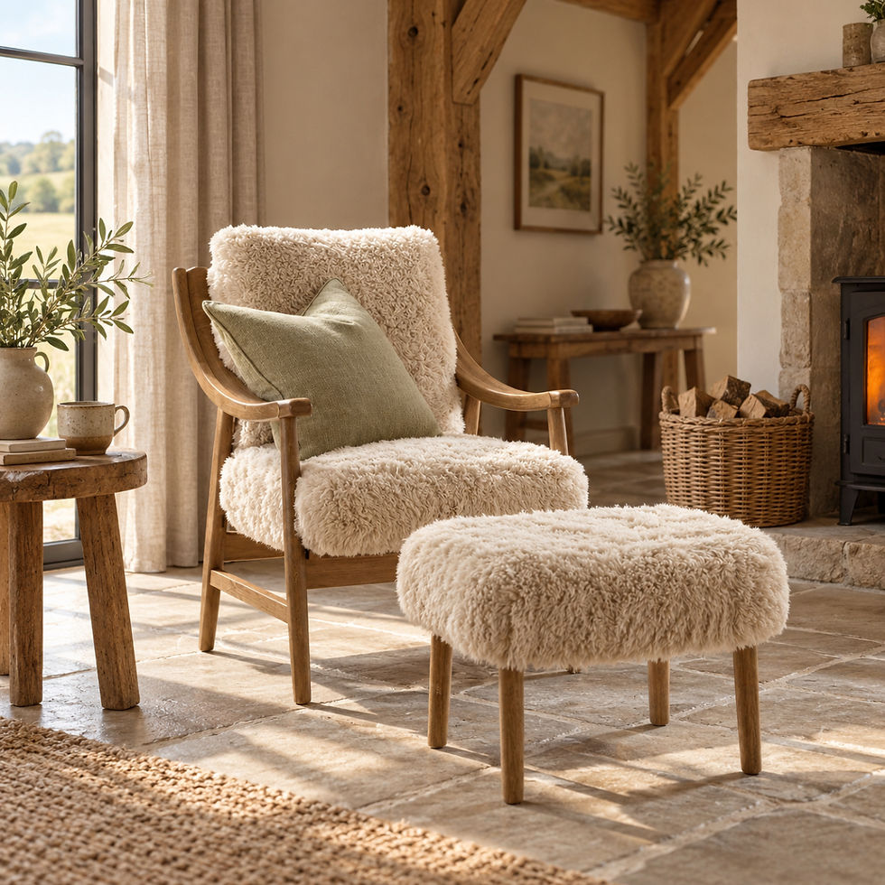 Ivory sheepskin armchair with natural oak frame and sage green cushion styled in a rustic Shepherd’s Hut interior with stone