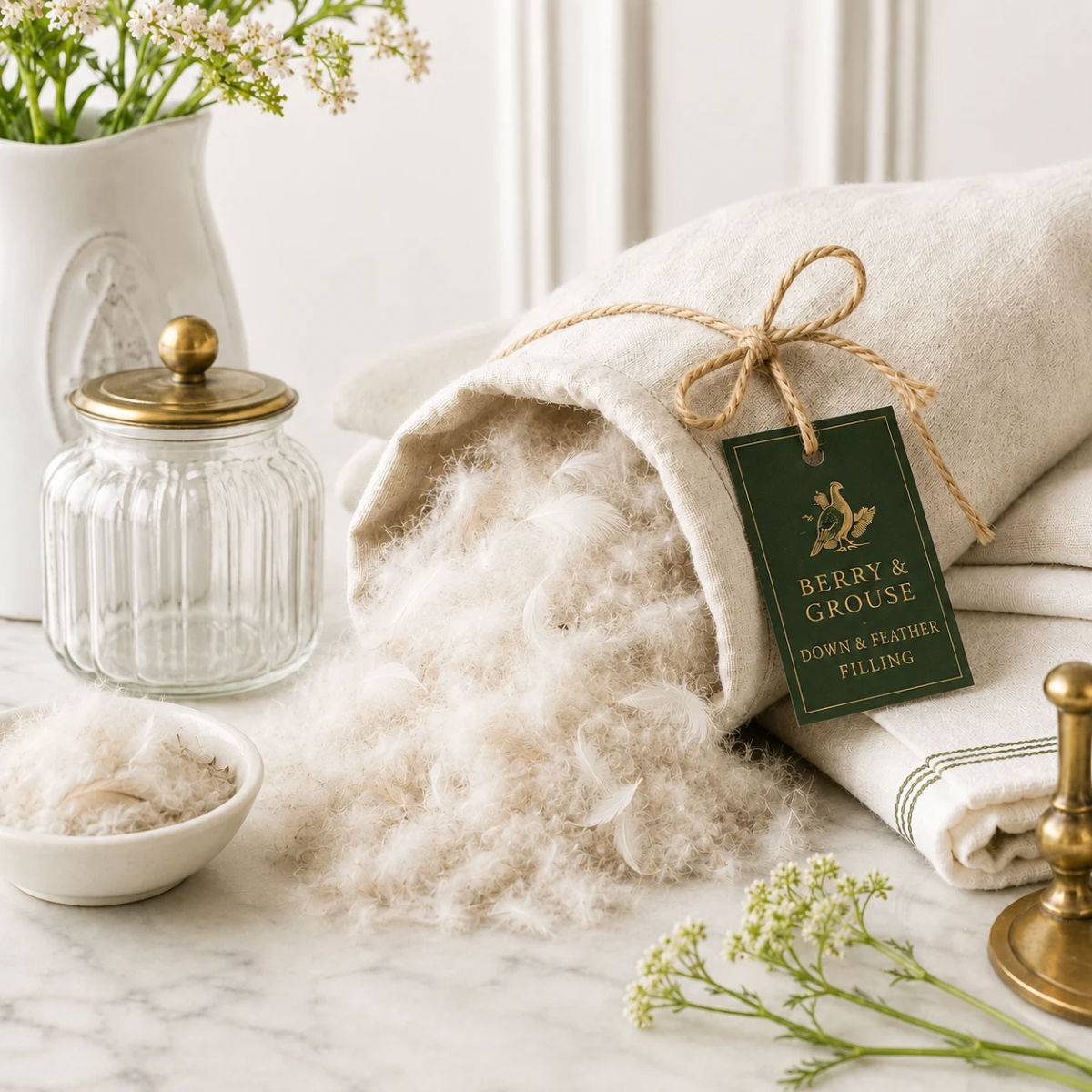 Down and feather filling spilling from a Berry & Grouse linen bag with branded green tag, folded linens, flowers and brass de