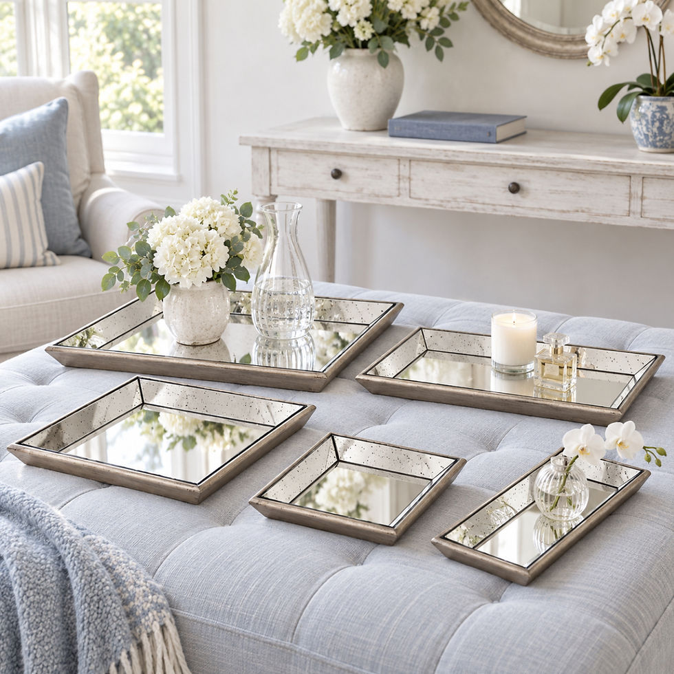 Antiqued mirrored tray collection in five sizes with aged wooden detailing