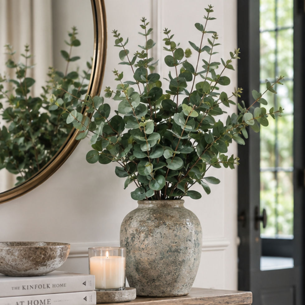 Thumbnail: Green eucalyptus arrangement styled in a country house inspired hallway