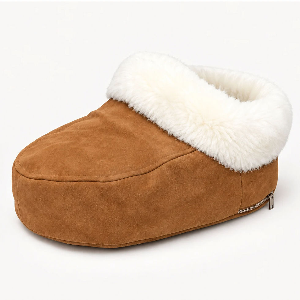 Thumbnail: Tan suede foot warmer with soft ivory fleece cuff, cosy winter foot muff for country home interiors and Shepherd’s Hut