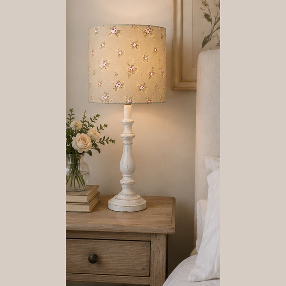 Thumbnail: Handmade Rosebud Sage lampshade featuring delicate pink roses on a sage green background, ideal for country house interiors