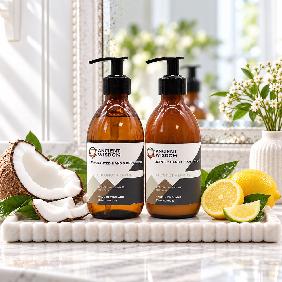 Ancient Wisdom Coconut and Lemon hand and body wash and lotion styled on a pale marble tray with fresh coconut and lemon