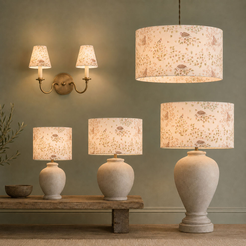 Sophie Allport Woodland Friends a selection of sizes candle clip, 20cm, 30cm and 40cm drum lampshades