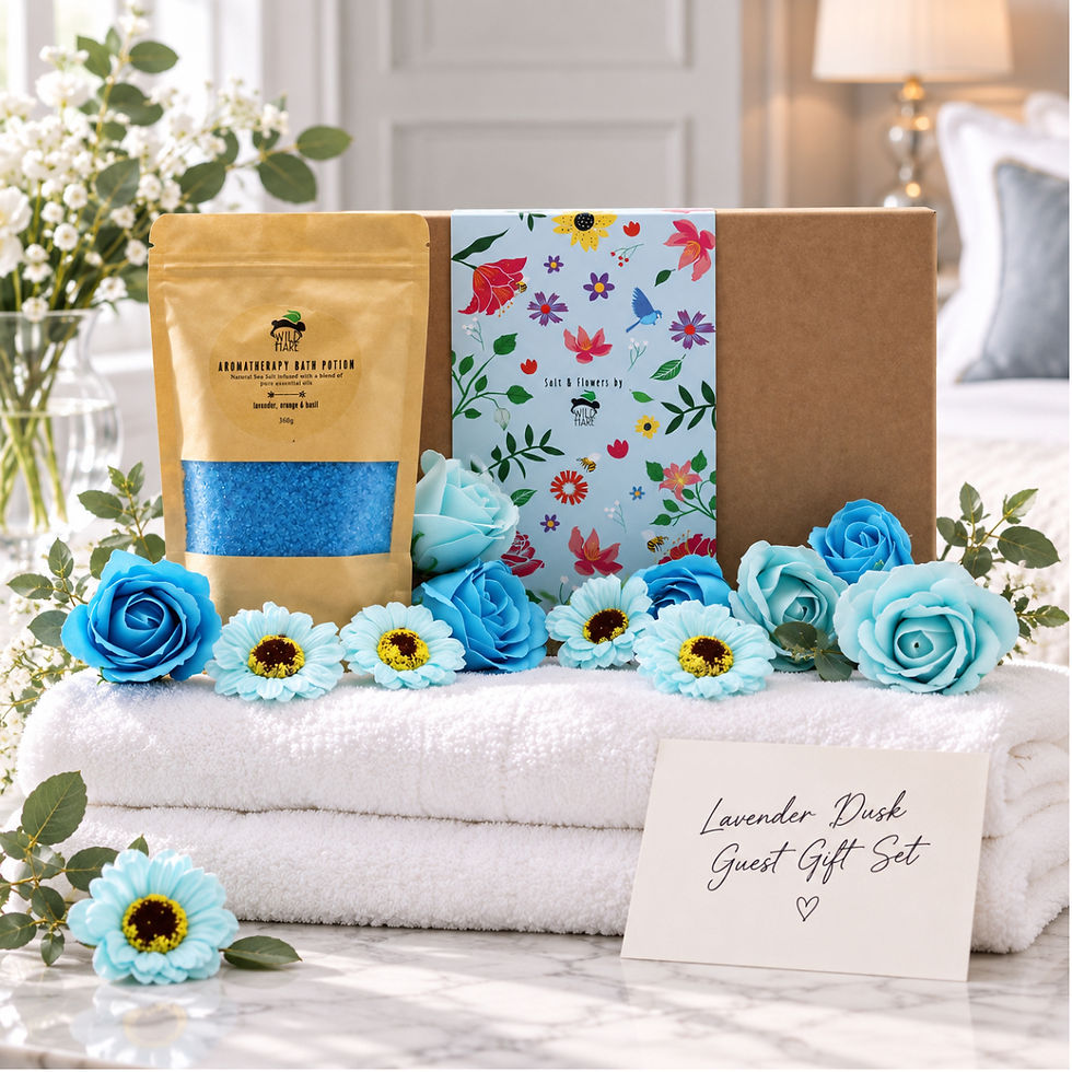 Lavender Dusk aromatherapy bath gift set with blue flowers styled on white hotel towels in a country house guest room