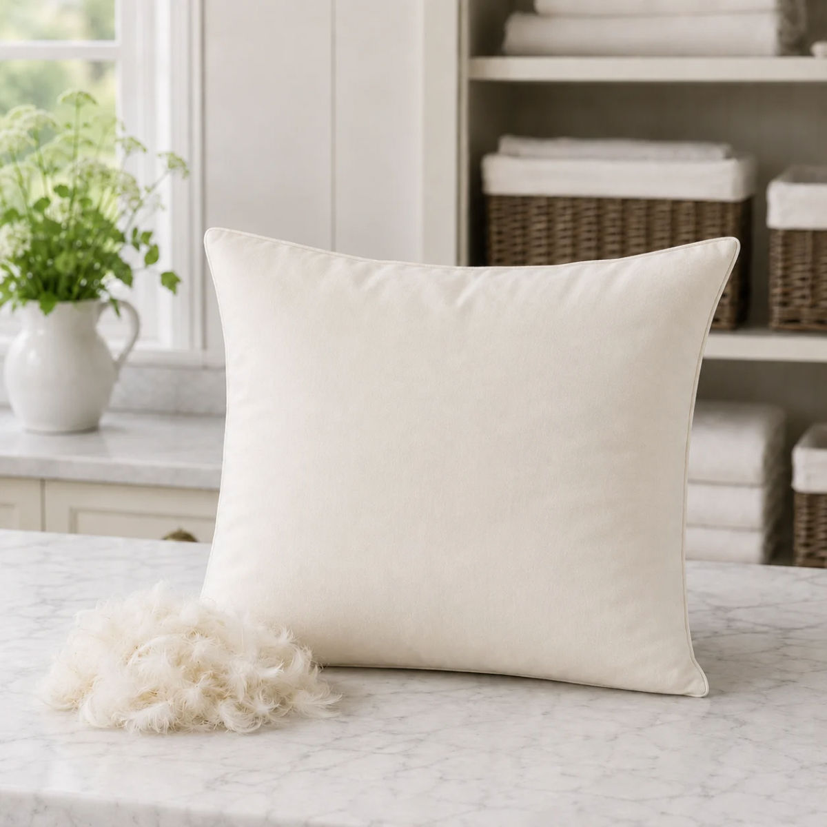 Essential feather scatter cushion inner with relaxed dull cream cambric case and curled duck feather filling