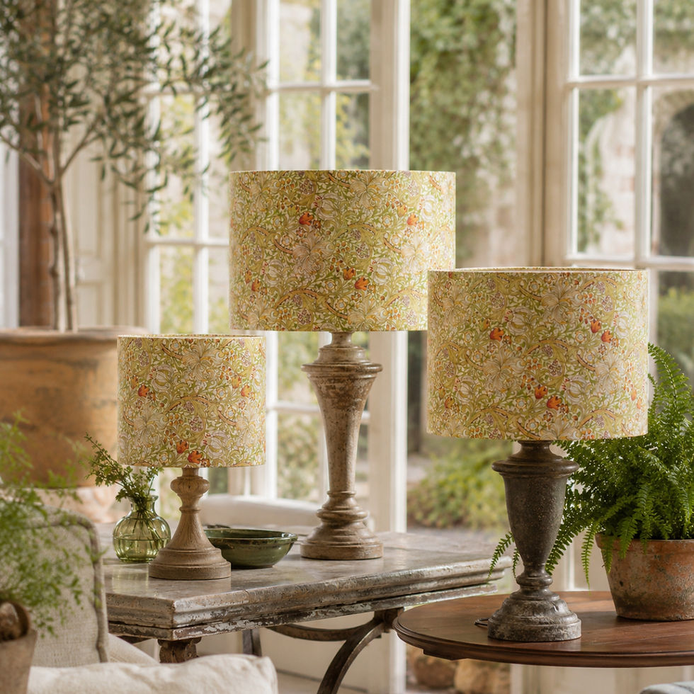 William Morris Trio of lampshades in various sizes 20cm, 30cm, 40cm drum yellow cornsilk golden lily