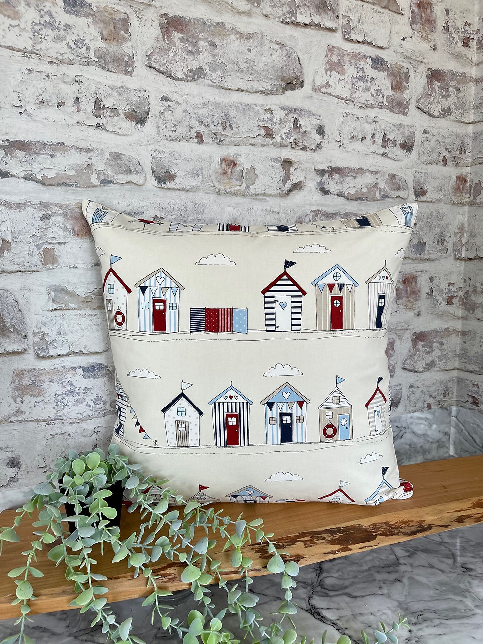 Thumbnail: Fryetts Beach Huts scatter cushion 16" 18" 20" synthetic and natural fillings eco recycled handmade UK zip square