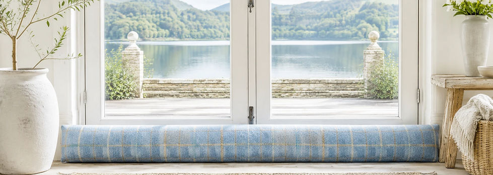 Light blue checked draught excluder spanning French doors in a bright lakeside interior overlooking the water.