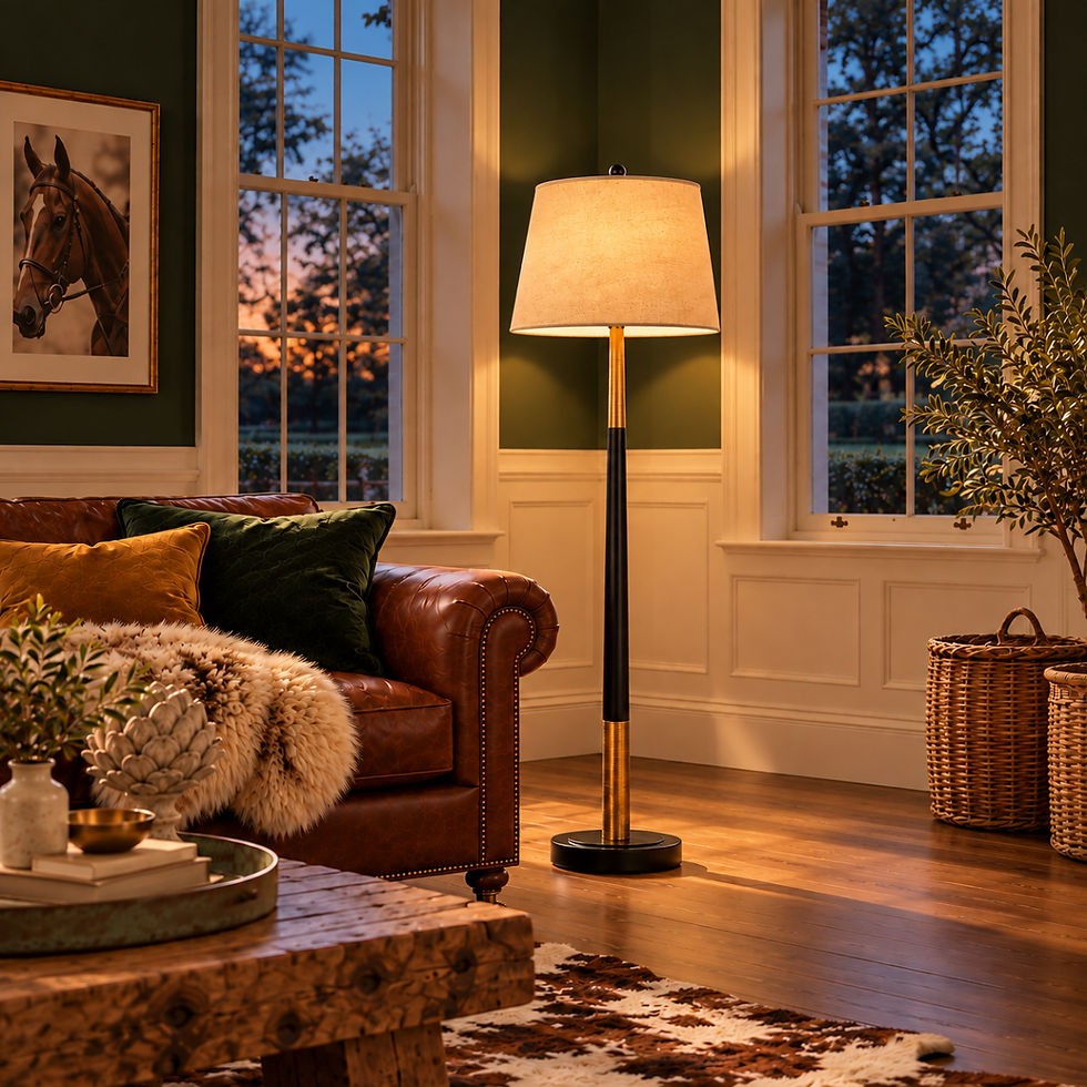 Black and antique gold floor lamp glowing at dusk in a heritage British country house sitting room