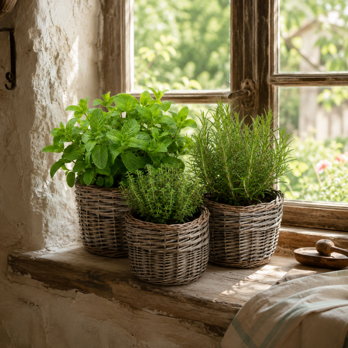 willow wicker set of three house plant planters set in a rustic kitchen window