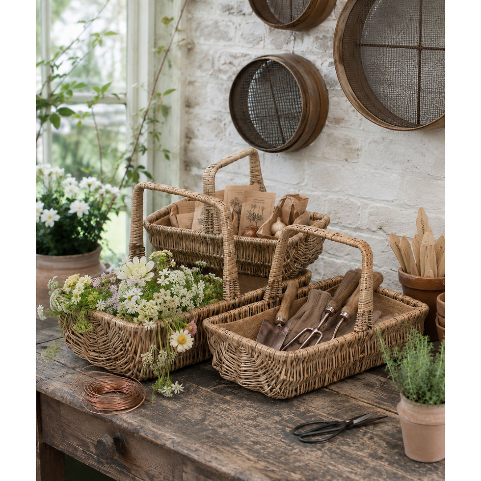 The Head Gardener’s Trug Set — Antique Wash Willow Garden Trugs, Set of Three set in the glass house