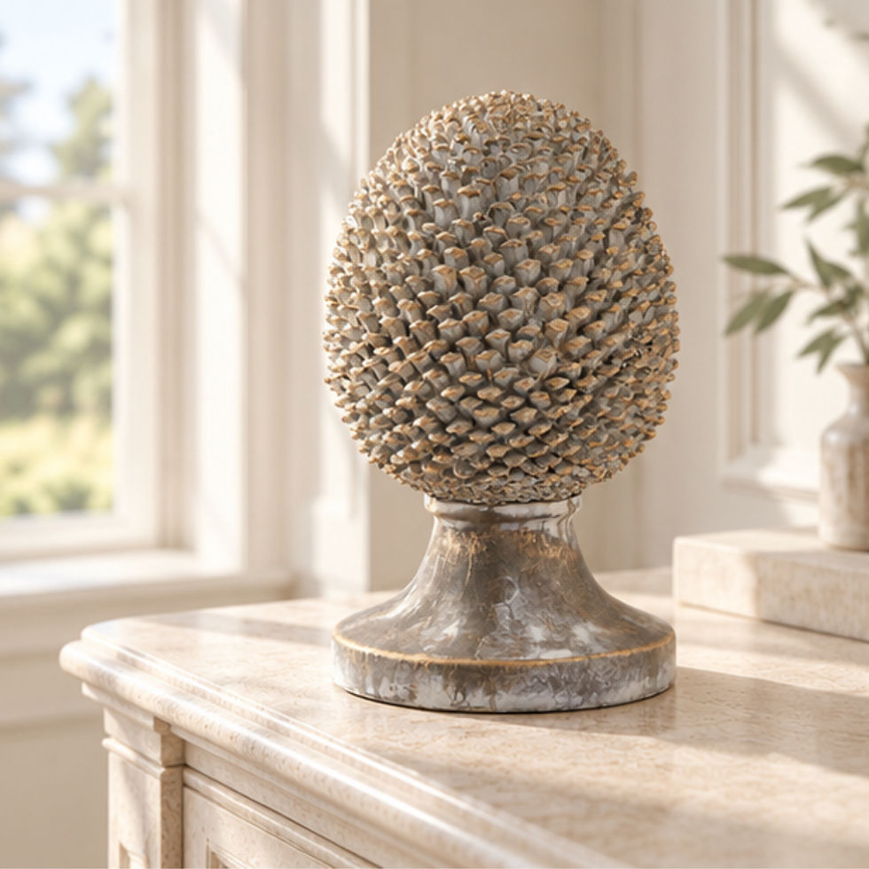 Large stone effect pinecone ornament with gold accents styled on a console in a neutral heritage country house interior