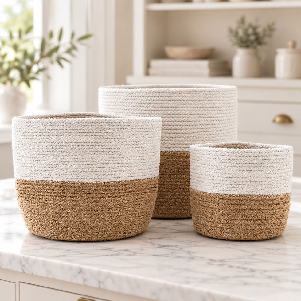 Cotton Rope Storage Baskets | Set of 3 | White styled on a marble countertop country kitchen