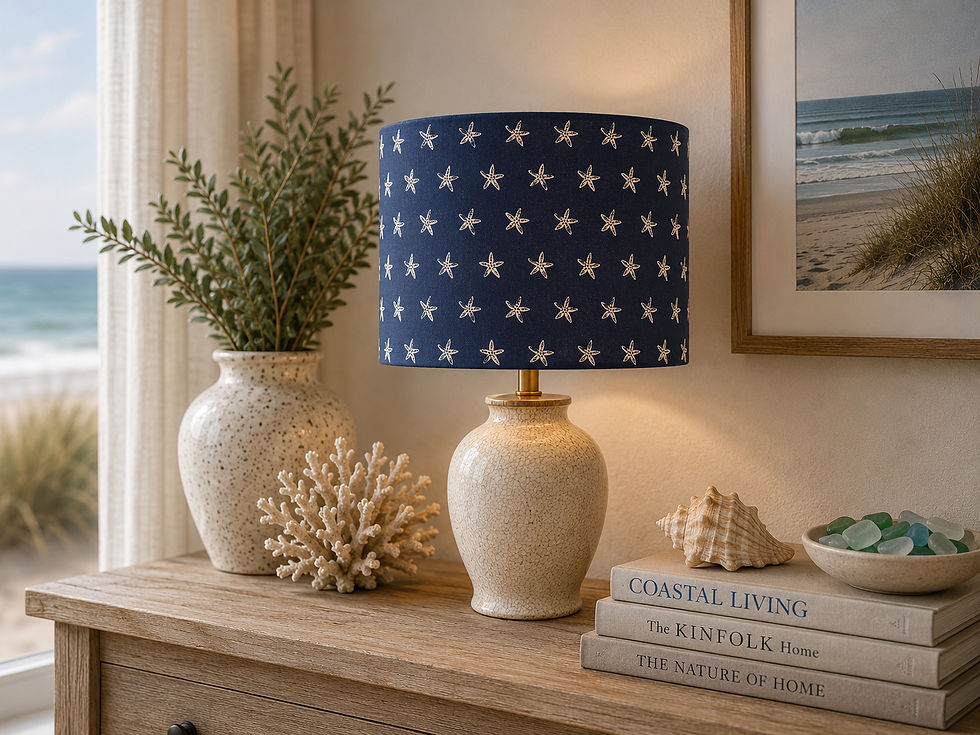 Clarke & Clarke Seastar Navy handmade drum lampshade with pale starfish motifs, styled in a refined coastal interior.