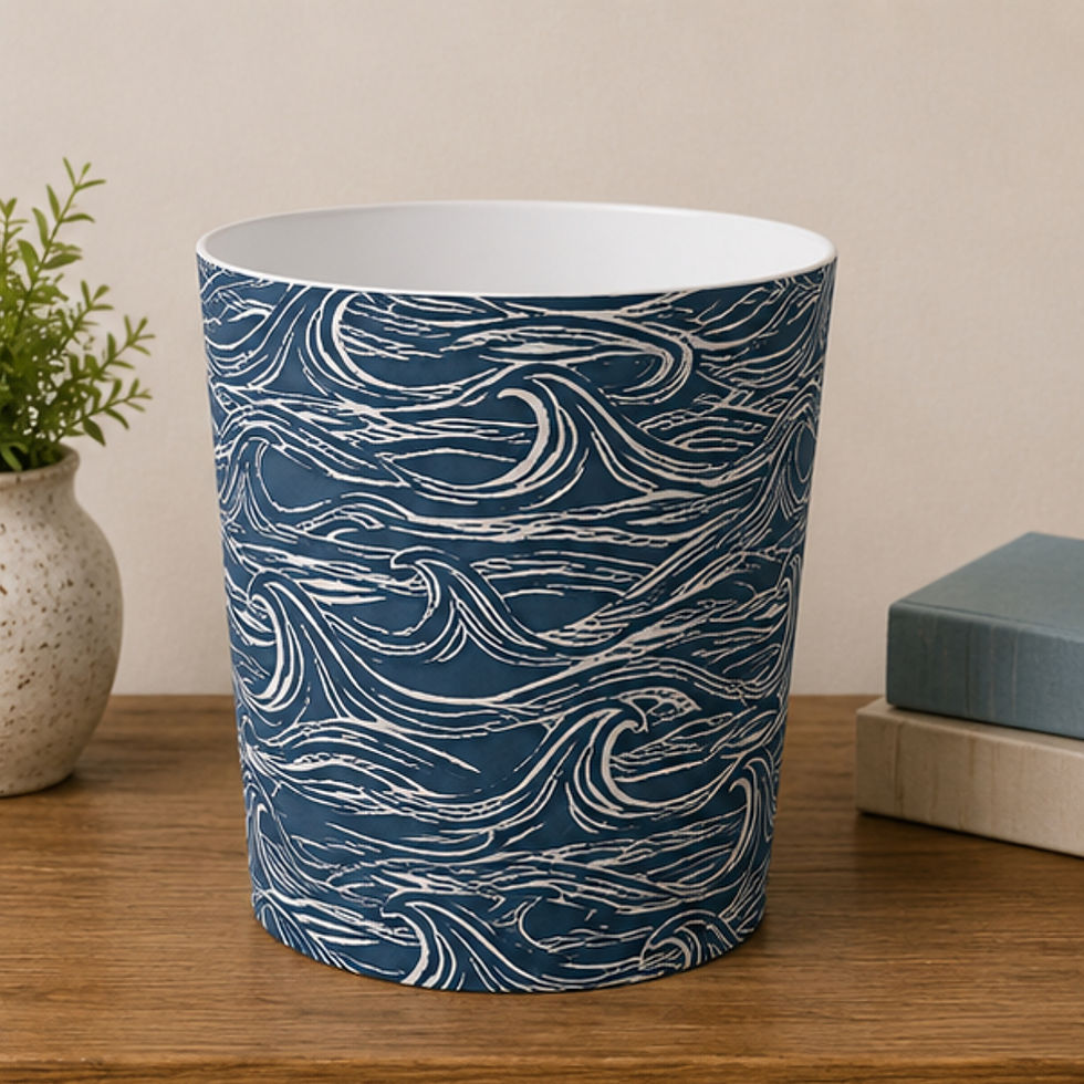 Handmade Surf Up Navy waste paper bin featuring navy wave print fabric with white lining for coastal interiors