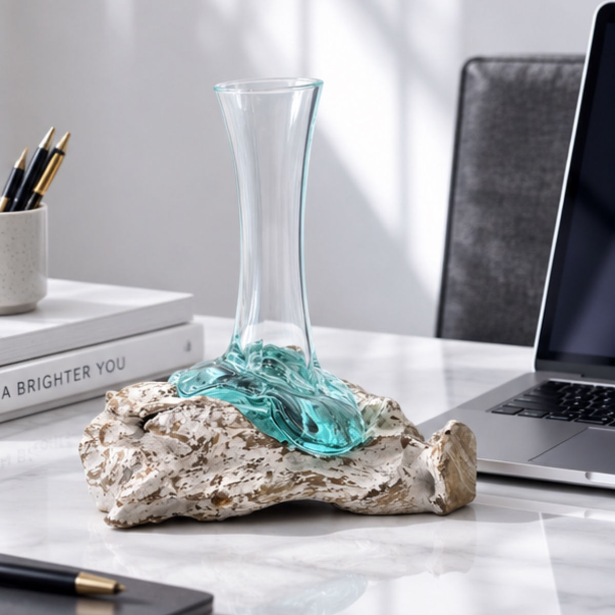 Molten Glass Vase on Whitewashed Wood – Medium decorative recycled glass vase for modern interiors set within a home office