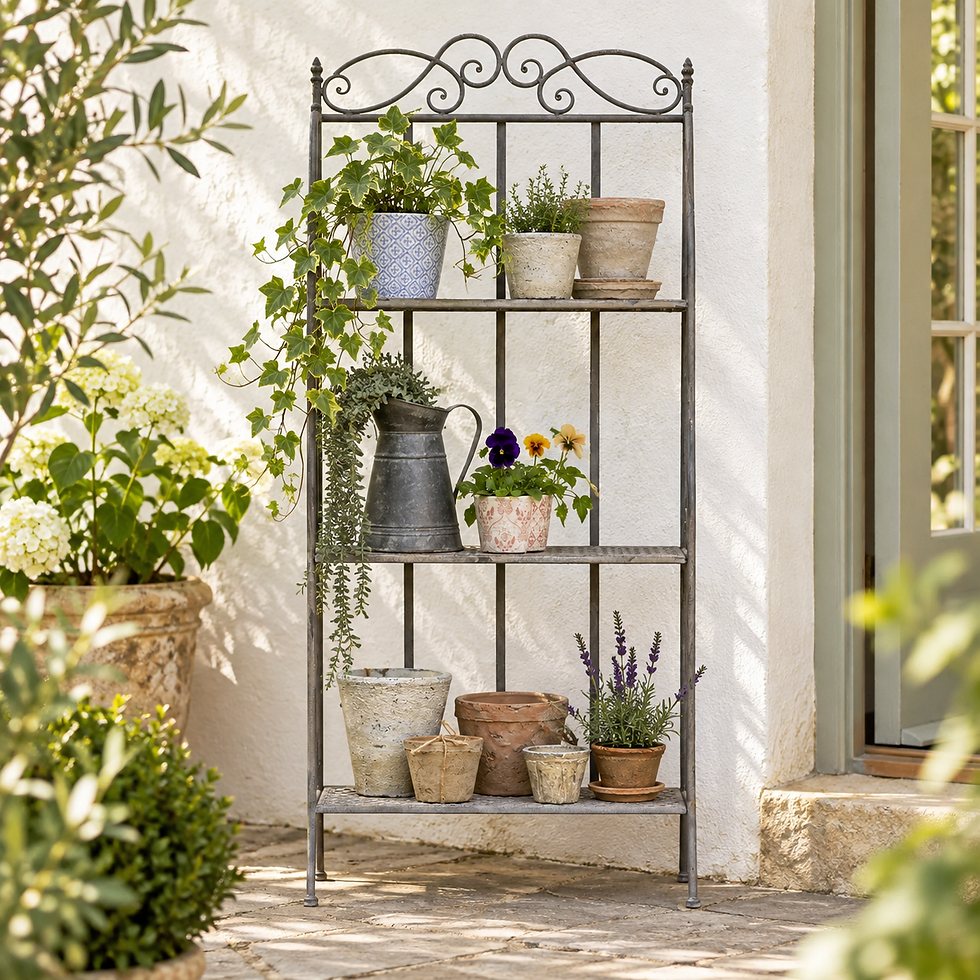 Thumbnail: Ornate Four-Shelf Metal Plant Stand | Antique Grey Garden Storage
