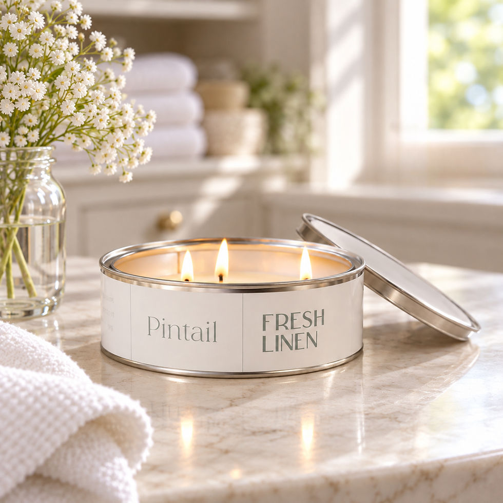 Thumbnail: Pintail Fresh Linen triple-wick candle with three lit wicks, styled on marble in a bright country house linen cupboard