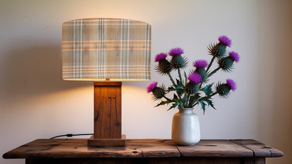 Balmoral Pasture table lampshade on a wooden lamp next to a white ceramic vase of Scottish purple Thistles