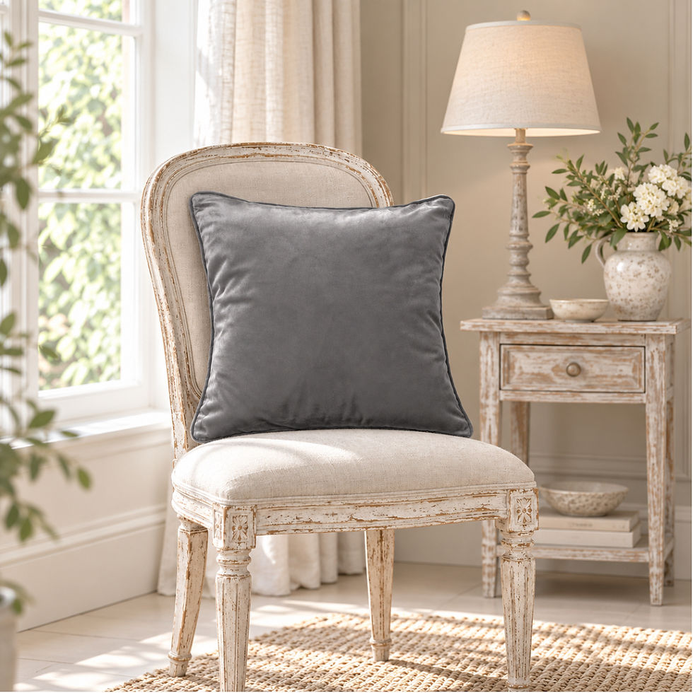 Graphite Grey: Graphite Grey House Velvet 18 inch piped scatter cushion styled on a distressed whitewashed wooden chair