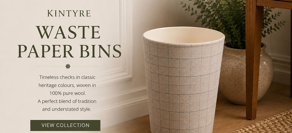 Berry & Grouse before you choose your waste paper bin guide showing a handmade fabric-covered tapered waste paper bin with white interior, 25 cm top diameter, 20 cm base diameter, 30 cm height, optional no trim, gold trim, silver trim and copper trim finishes, with guidance on pattern placement, handmade variations and measuring before ordering.