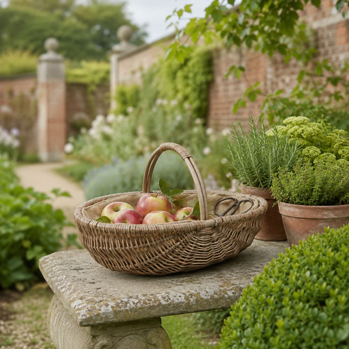 Antique wash willow lined trug styled in a sunny walled garden with potted herbs and soft greenery.