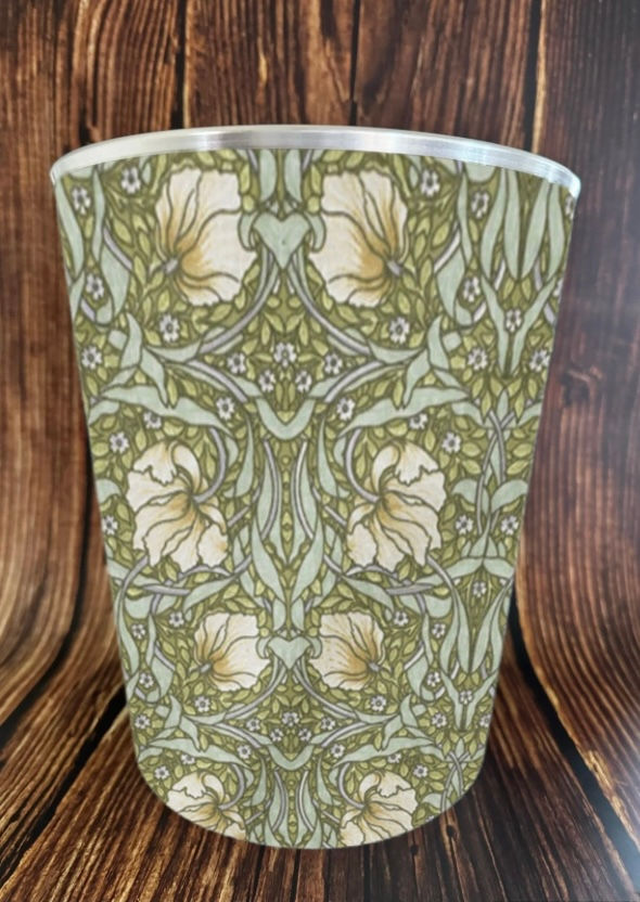 William Morris pimpernel in green cream waste paper bin with silver trim
